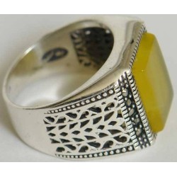 Iran Islam Shia Natural Square Yellow Agate Aqeeq Aqiq Akeek Sterling Silver 925 Ring