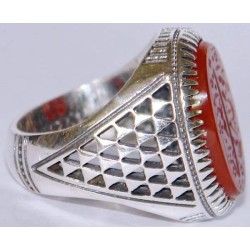 Iran Islam Quranic Ayat  "I entrust my affair to Allah" Engraved on Natural Aqeeq Aqiq Agate Sterling Silver 925 Ring