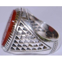 Iran Islam Quranic Ayat  "I entrust my affair to Allah" Engraved on Natural Aqeeq Aqiq Agate Sterling Silver 925 Ring