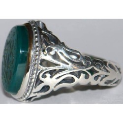 Iran Islam Shia Quran "We Follow the Right Path of Imam Ali" Engraved Natural Chrysoprase Agate Sterling Silver 925 Ring