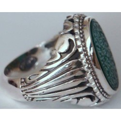 Iran Islam Shia Allah & 14 Masoomeen Natural Chrysoprase Green Agate Aqeeq Aqiq Akik Sterling Silver 925 Ring