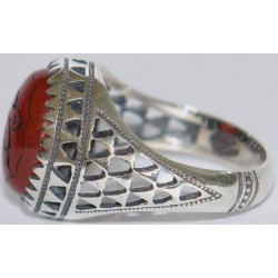 Iran Islam Shia Quran "We Follow the Right Path of Imam Ali" Engraved Natural Agate Sterling Silver 925 Ring