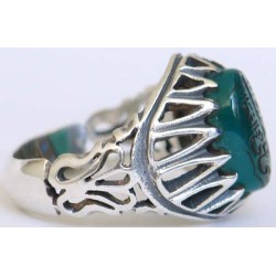 Iran Islam Shia Imam Ali LA FATA ILLA ALI Engraved on Chrysoprase Natural Green Aqeeq Agate Sterling Silver 925 Ring