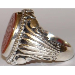 Iran Islam Shia Holy Names of Allah & Panjtan-e Pak Engraved on Natural Agate Aqeeq Aqiq Sterling Silver 925 Ring