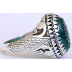 Iran Islam Shia Imam Ali LA FATA ILLA ALI Engraved on Chrysoprase Natural Green Aqeeq Agate Sterling Silver 925 Ring