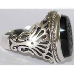 Iran Islam Quranic Ayat "The Hand of Allah is over their hands" Engraved on Onyx Agate Sterling Silver 925 Ring