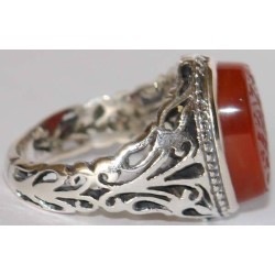 Iran Islam Shia Holy Names of Allah & Panjtan-e Pak Engraved on Natural Agate Aqeeq Aqiq Sterling Silver 925 Ring