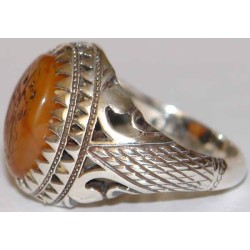 Iran Islam Shia Allah & 14 Masoomeen Natural Yellow Agate Aqeeq Aqiq Akik Sterling Silver 925 Ring