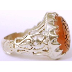 Iran Islam Shia Holy Names of Allah & Panjtan-e Pak Engraved on Natural Agate Aqeeq Aqiq Silver 9 Ring