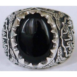 Iran Islam Shia Imam Ali Name on Rings Sides with Natural Onyx Black Agate Aqeeq Sterling Silver 925 Ring