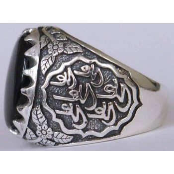 Iran Islam Shia Imam Ali Name on Rings Sides with Natural Onyx Black Agate Aqeeq Sterling Silver 925 Ring