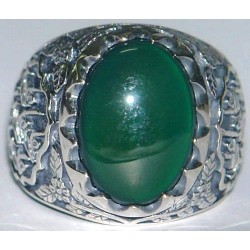 Iran Islam Shia Imam Ali Name on Rings Sides with Natural Chrysoprase Green Agate Aqeeq Sterling Silver 925 Ring