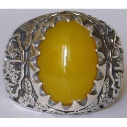 Iran Islam Shia Imam Ali Name on Rings Sides with Natural Yellow Agate Aqeeq Sterling Silver 925 Ring