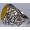 Iran Islam Shia Imam Ali Name on Rings Sides with Natural Yellow Agate Aqeeq Sterling Silver 925 Ring