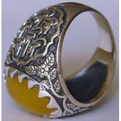 Iran Islam Shia Imam Ali Name on Rings Sides with Natural Yellow Agate Aqeeq Sterling Silver 925 Ring