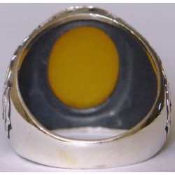 Iran Islam Shia Imam Ali Name on Rings Sides with Natural Yellow Agate Aqeeq Sterling Silver 925 Ring