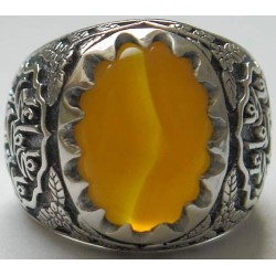 Iran Islam Shia Imam Ali Name on Rings Sides with Natural Yellow Agate Aqeeq Sterling Silver 925 Ring