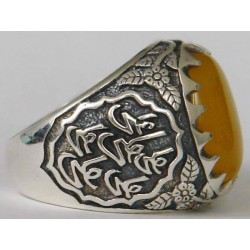 Iran Islam Shia Imam Ali Name on Rings Sides with Natural Yellow Agate Aqeeq Sterling Silver 925 Ring