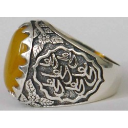 Iran Islam Shia Imam Ali Name on Rings Sides with Natural Yellow Agate Aqeeq Sterling Silver 925 Ring