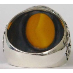 Iran Islam Shia Imam Ali Name on Rings Sides with Natural Yellow Agate Aqeeq Sterling Silver 925 Ring