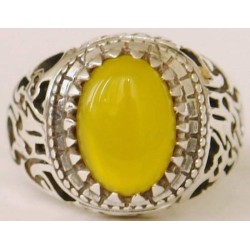 Iran Islamic Hadith Imam "Ali Stands with Truth" on Both Ring Sides Natural Yellow Agate Sterling Silver 925 Ring