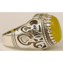 Iran Islamic Hadith Imam "Ali Stands with Truth" on Both Ring Sides Natural Yellow Agate Sterling Silver 925 Ring