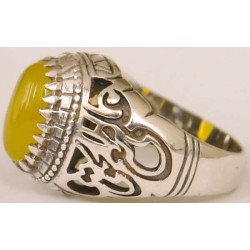 Iran Islamic Hadith Imam "Ali Stands with Truth" on Both Ring Sides Natural Yellow Agate Sterling Silver 925 Ring