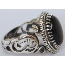 Iran Islam Shia Imam ALI Name on Rings Sides with Natural Onyx Black Agate Aqeeq Sterling Silver 925 Ring