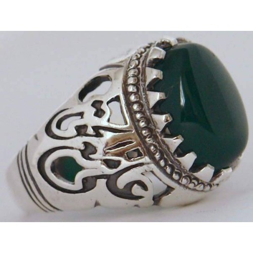 Iran Islamic Hadith Imam "Ali Stands with Truth" on Both Ring Sides Natural Chrysoprase Green Agate Sterling Silver 925 Ring