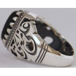 Iran Islamic Hadith Imam "Ali Stands with Truth" on Both Ring Sides Natural Onyx Black Agate Sterling Silver 925 Ring