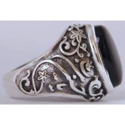 Iran Islam Shia Karbala Ahlul-Bayt  Imam Husain & Abul-Fazl Al-Abbas Natural Onyx Black Agate Aqeeq Sterling Silver 925 Ring