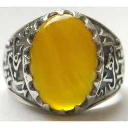 Iran Islam Shia Fatimah Al-Zahra Natural Yellow Agate Aqeeq Sterling Silver 925 Ring