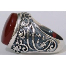 Iran Islam Shia Karbala Ahlul-Bayt  Imam Husain & Abul-Fazl Al-Abbas Alamdar Natural Agate Aqeeq Sterling Silver 925 Ring
