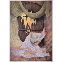 Iran Islam Shia Poster Depicting Hazrat Bibi Fatimah Daughter of Prophet Muhammad over Burnt House Door by Caliph Umar