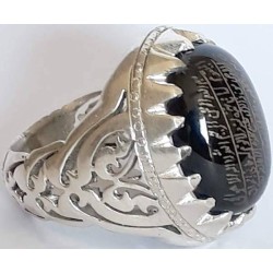 Iran Islam Shia Quranic Ayat Al-Kursy Engraved on Onyx Black Agate on Handmade Silver 950 Ring