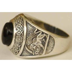IRAN Persia Shah Pahlavi Lion & Sun Shiro Khorshid & Zoroastrian Farvahar Wing Onyx Black Agate Silver 925 Ring