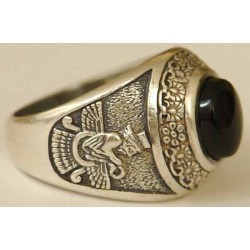 IRAN Persia Shah Pahlavi Lion & Sun Shiro Khorshid & Zoroastrian Farvahar Wing Onyx Black Agate Silver 925 Ring
