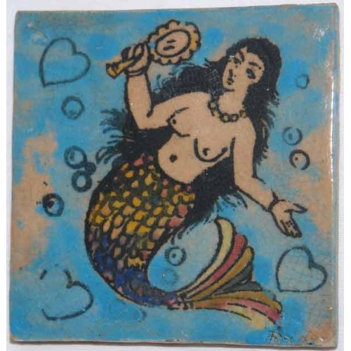 Iran Persia Hand Painted Pottery Glazed Ceramic Tile Depicting a Mermaid Iran Persia Hand Painted Pottery Glazed Ceramic Tile Depicting a Mermaid