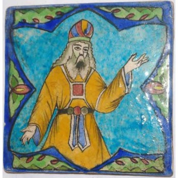 Iran Persia Judaica Hand Painted Pottery Glazed Ceramic Tile Depicting a Temple Jewish Priest in Holy Garment in Magen David