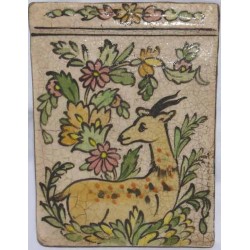 Iran Persia Hand Painted Pottery Glazed Ceramic Tile Depicting a Gazelle between Flowers 