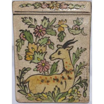 Iran Persia Hand Painted Pottery Glazed Ceramic Tile Depicting a Gazelle between Flowers 