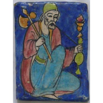 Iran Persia Hand Painted Pottery Glazed Ceramic Tile Depicting Old Dervish Sufi