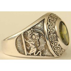 IRAN Persia Shah Pahlavi Lion & Sun Shiro Khorshid & Zoroastrian Farvahar Wing Olive Imitation Stone Silver 925 Ring