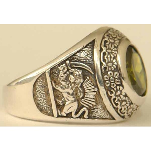 IRAN Persia Shah Pahlavi Lion & Sun Shiro Khorshid & Zoroastrian Farvahar Wing Olive Imitation Stone Silver 925 Ring