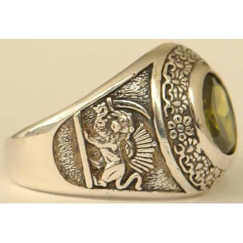 IRAN Persia Shah Pahlavi Lion & Sun Shiro Khorshid & Zoroastrian Farvahar Wing Olive Imitation Stone Silver 925 Ring