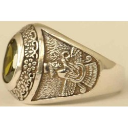 IRAN Persia Shah Pahlavi Lion & Sun Shiro Khorshid & Zoroastrian Farvahar Wing Olive Imitation Stone Silver 925 Ring