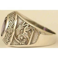 IRAN Persia Shah Pahlavi Lion & Sun Shiro Khorshid & Zoroastrian Farvahar Wing Violet Imitation Stone Silver 925 Ring