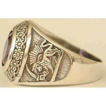 IRAN Persia Shah Pahlavi Lion & Sun Shiro Khorshid & Zoroastrian Farvahar Wing Violet Imitation Stone Silver 925 Ring