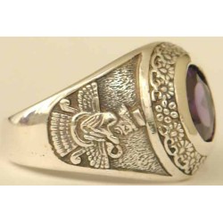 IRAN Persia Shah Pahlavi Lion & Sun Shiro Khorshid & Zoroastrian Farvahar Wing Violet Imitation Stone Silver 925 Ring