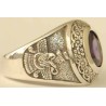 IRAN Persia Shah Pahlavi Lion & Sun Shiro Khorshid & Zoroastrian Farvahar Wing Violet Imitation Stone Silver 925 Ring